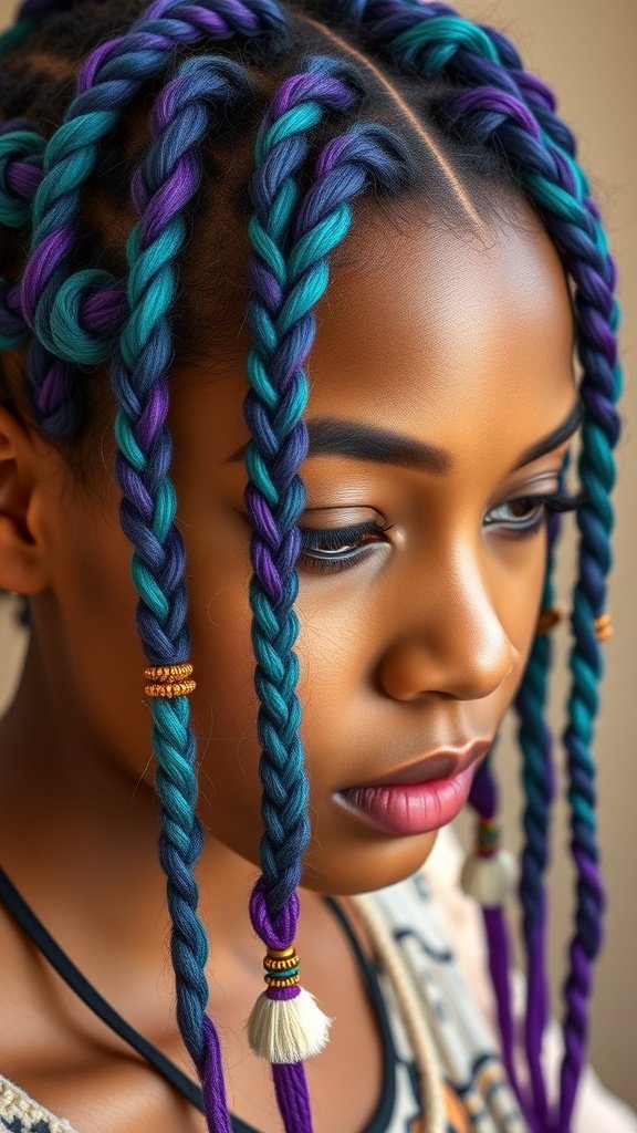 Close-up of a person with vibrant colored knotless braids in teal and purple.