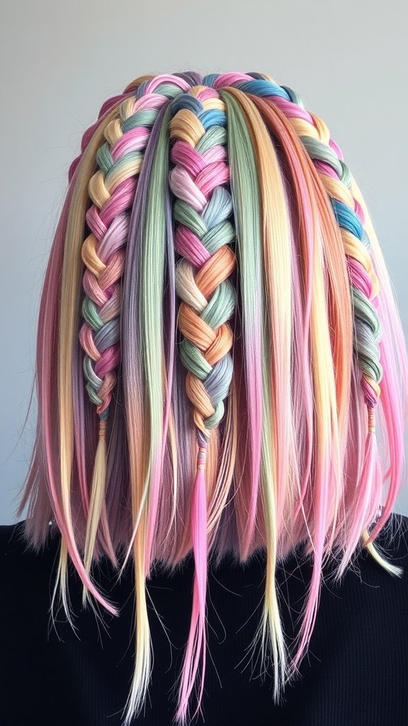 A colorful knotless bob hairstyle featuring pastel shades of pink, blue, green, and orange, intricately braided.