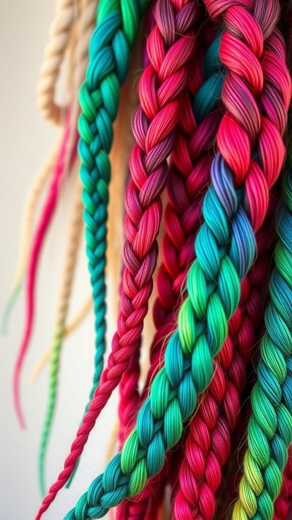 Colorful knotless braids in shades of pink, green, and blue.