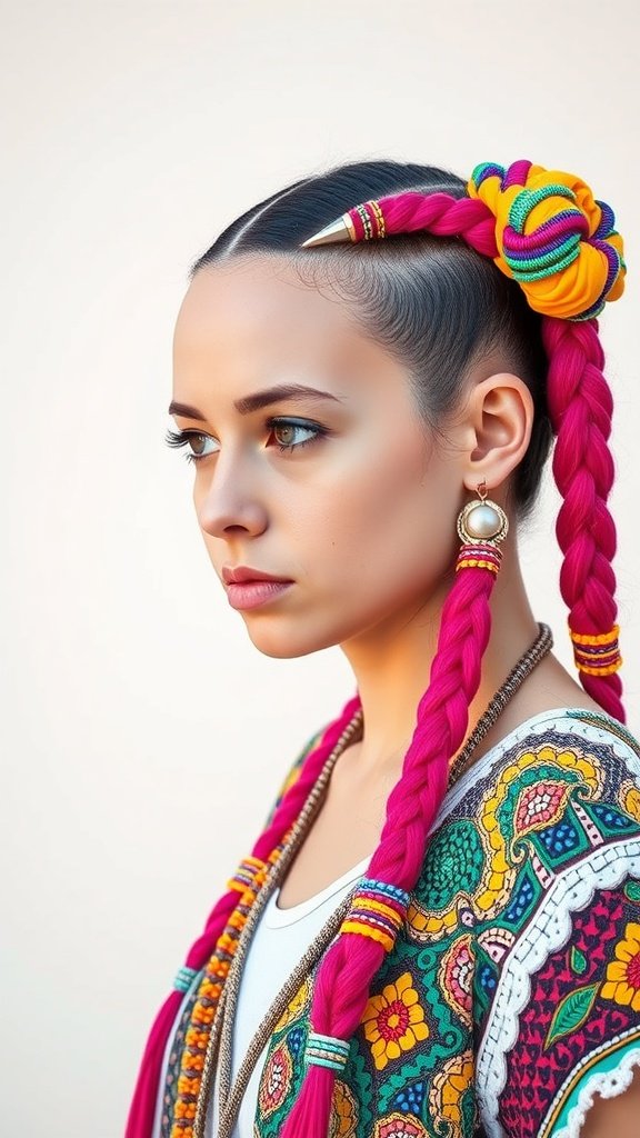 A woman with vibrant fuchsia knotless braids styled with colorful accessories.