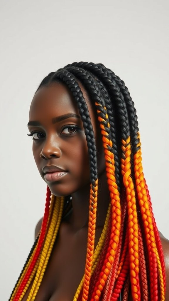A close-up of a person with vibrant ombre knotless braids, transitioning from black to red and orange.