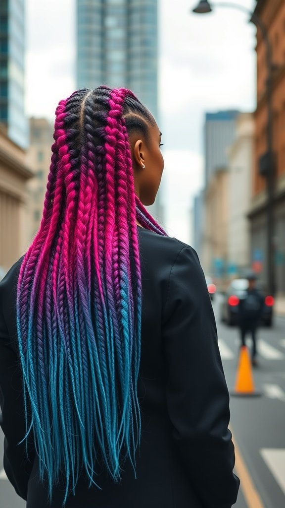A woman with vibrant ombre knotless braids, transitioning from pink to blue, standing in an urban setting.