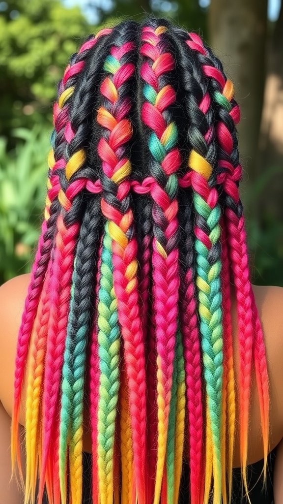 A close-up view of vibrant ombre knotless braids featuring pink, green, and yellow colors.