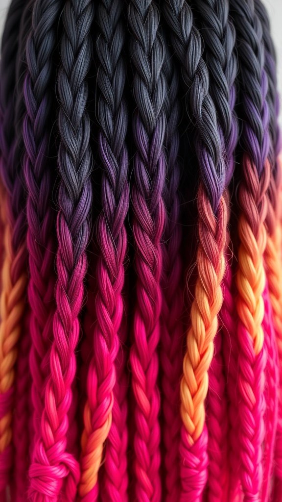 Close-up of vibrant ombre knotless braids transitioning from black to pink and orange.