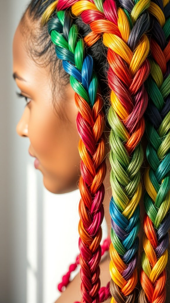 A close-up of vibrant rainbow knotless braids showcasing a variety of colors.