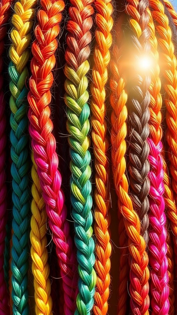 Colorful knotless braids in a rainbow pattern