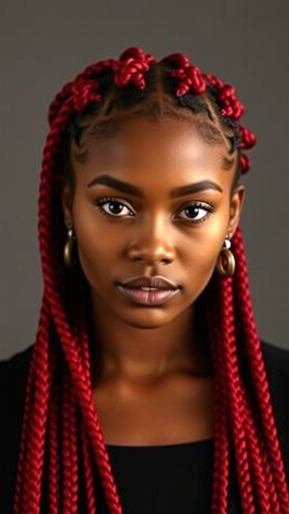 A woman with vibrant red medium knotless box braids, showcasing a stylish and bold hairstyle.