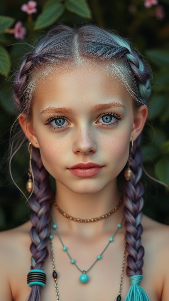 A young girl with violet and mint knotless braids, wearing layered necklaces, set against a green background.