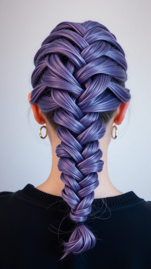A close-up view of violet knotless braids styled elegantly down the back.