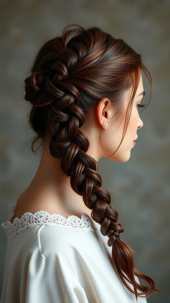 A woman with wine red knotless braids styled elegantly.